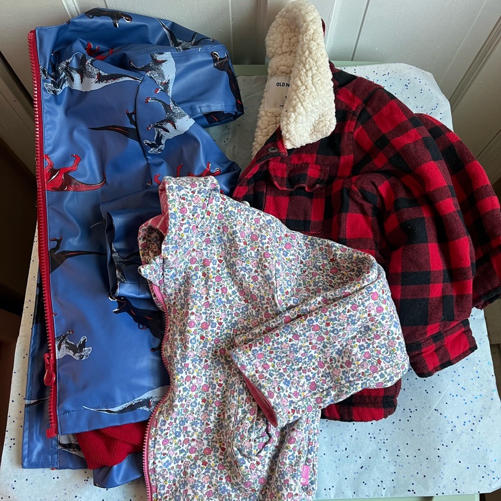 Blue Dinosaur Raincoat, floral, and Red Plaid Jacket Set, size 2T